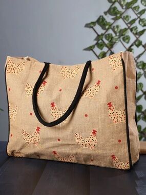 Burlap Chicken Print Tote Bag in Beige with Black Handles with Plastic Liner